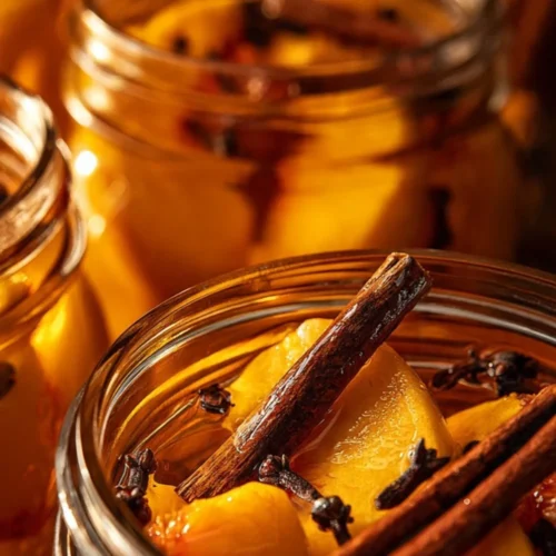 Jar of sweet and spicy home canned peaches ready for serving