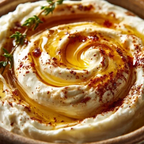 Sweet and Spicy Whipped Feta Dip with Hot Honey served in a bowl.
