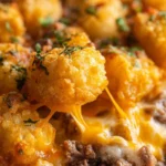 Delicious tater tot casserole with ground beef topped with melted cheese