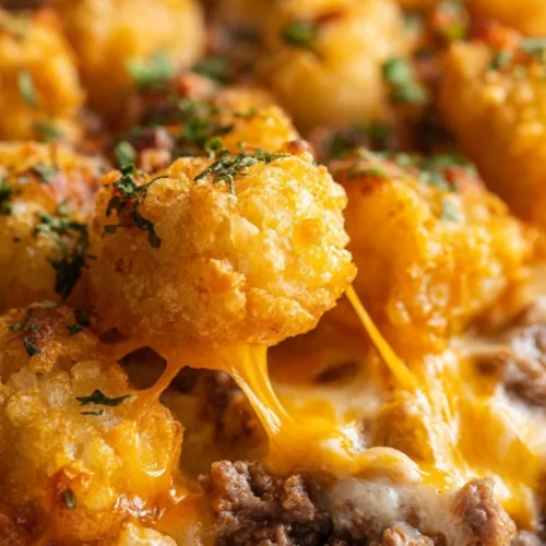 Delicious tater tot casserole with ground beef topped with melted cheese