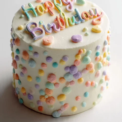 Delicious birthday cake with colorful frosting and candles for a celebration