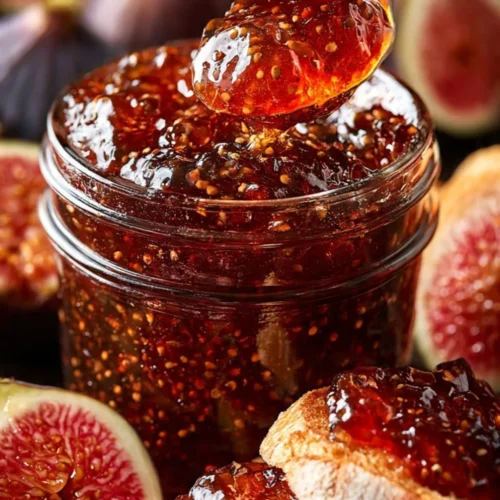 Homemade fig jam in a jar with fresh figs and bread spread