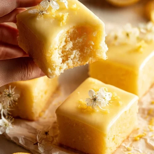 Delicious homemade lemon brownies on a white plate with lemon slices