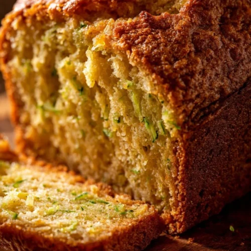 Loaf of delicious homemade zucchini bread with slices on a wooden cutting board.
