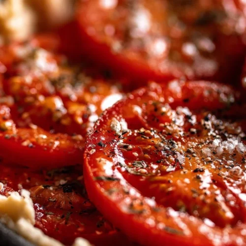 A slice of homemade tomato pie on a plate with fresh herbs.