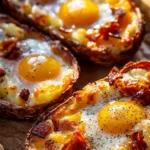 Twice baked loaded breakfast potatoes topped with cheese, bacon, and green onions