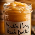 Jar of homemade Vanilla Honey Peach Butter with peaches and honey