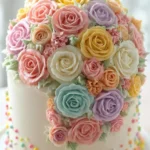 Vibrant birthday cake with swirling icing polka dots for celebrations