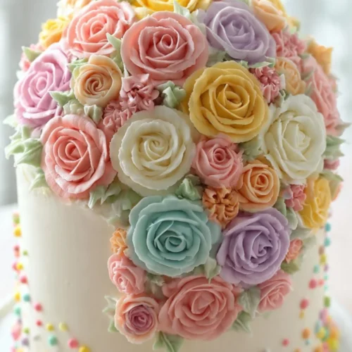 Vibrant birthday cake with swirling icing polka dots for celebrations