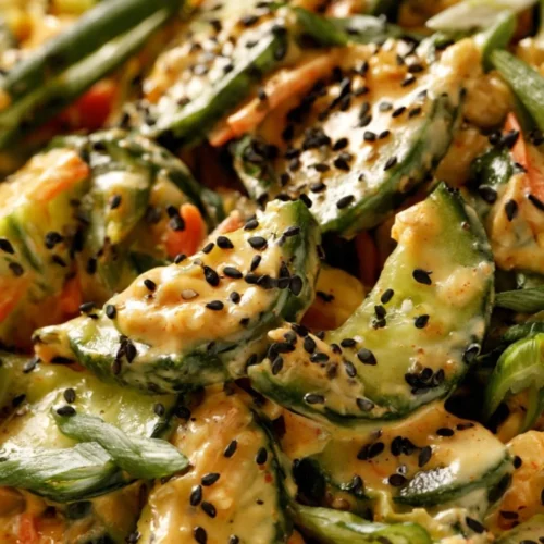 Viral creamy Asian cucumber salad served in a bowl with fresh herbs and sesame seeds