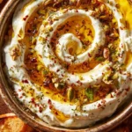 Creamy whipped feta dip topped with honey, served as a delicious appetizer.