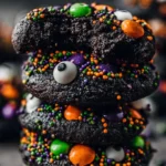 Black Halloween cookies featuring spooky designs, chewy texture, perfect for Halloween treats.