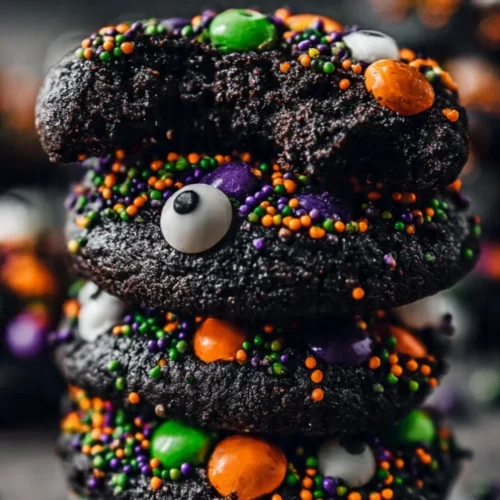 Black Halloween cookies featuring spooky designs, chewy texture, perfect for Halloween treats.