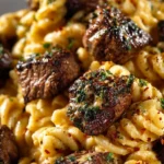 Creamy garlic butter steak bites with spicy Cajun Alfredo twisted pasta dish