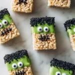 Frankenstein Halloween Rice Krispie Treats decorated for spooky celebrations