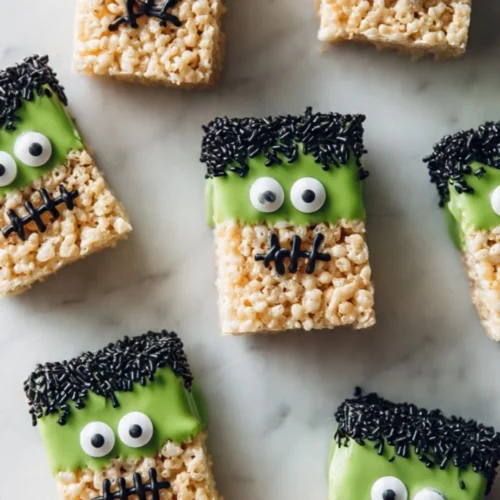 Frankenstein Halloween Rice Krispie Treats decorated for spooky celebrations
