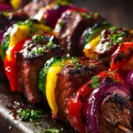 Delicious juicy steak kebabs on a grill, ready to serve.