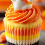 Mini candy corn cheesecakes decorated for Halloween