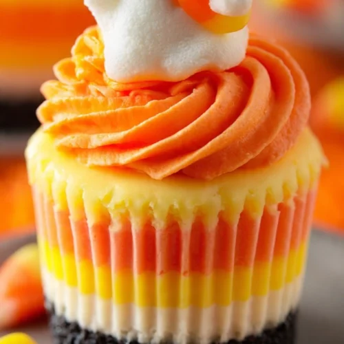 Mini candy corn cheesecakes decorated for Halloween