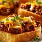 Open face garlic toast topped with flavorful sloppy joes