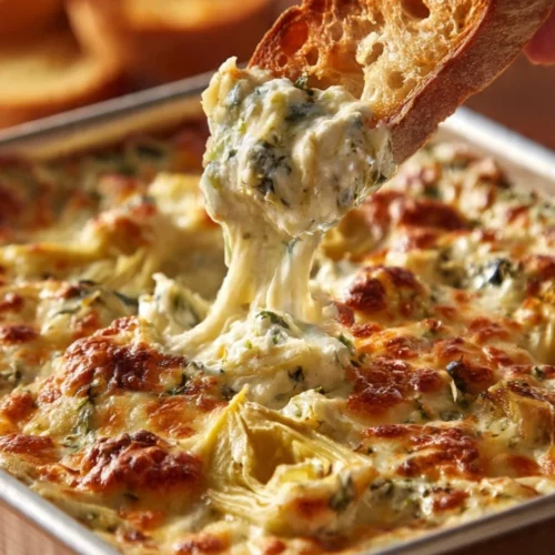 Delicious and cheesy artichoke dip recipe by Paula Deen served in a bowl.