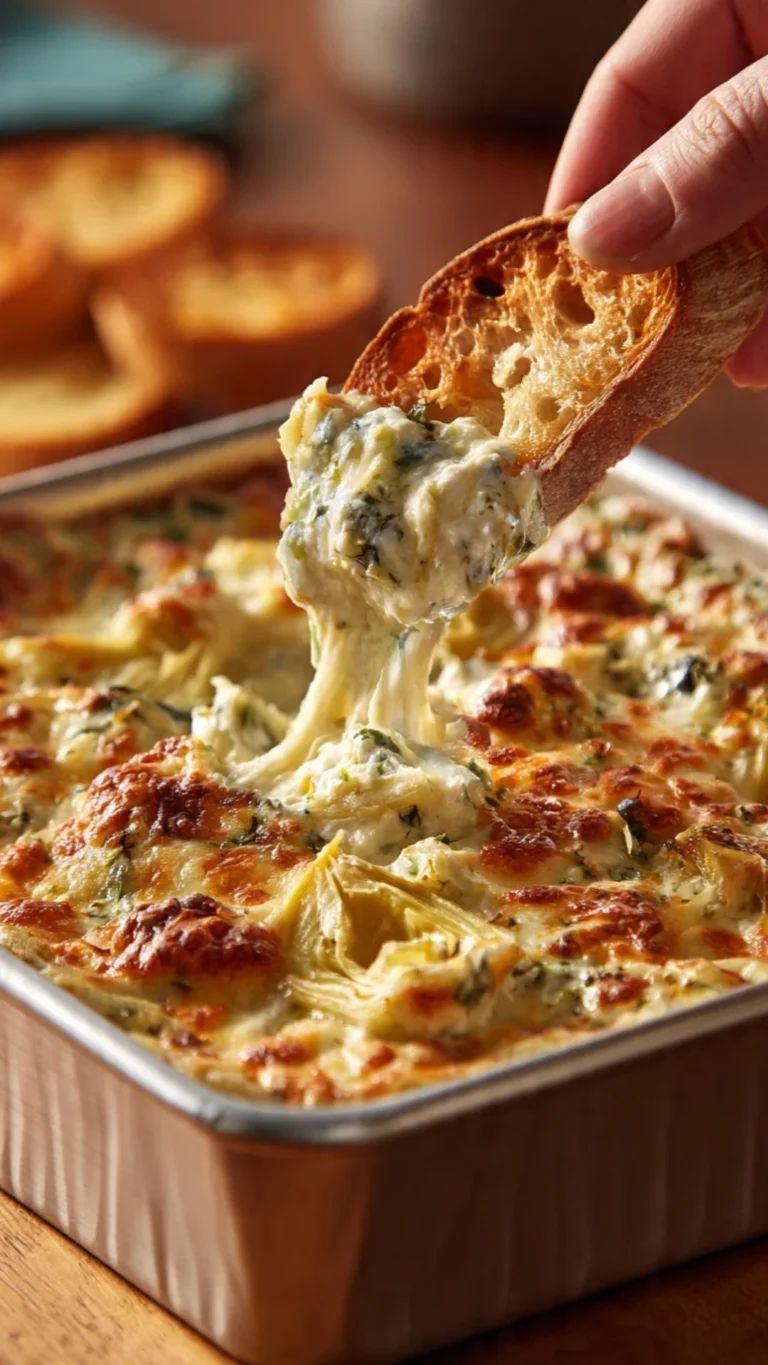 Delicious and cheesy artichoke dip recipe by Paula Deen served in a bowl.