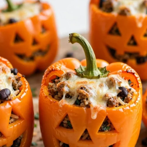 Shredded chicken and rice stuffed peppers on a plate