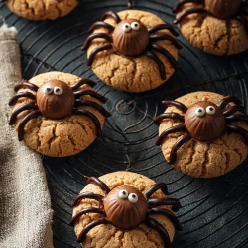Spooky Peanut Butter Spider Cookies with chocolate and candy eyes for Halloween