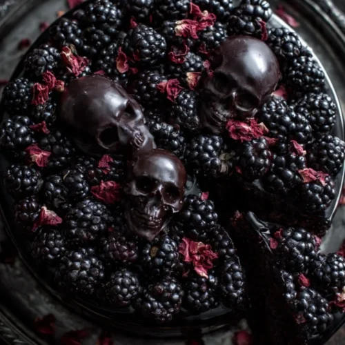 Delicious Black Velvet Halloween Cake decorated with spooky themes