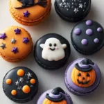 Colorful Halloween macarons decorated with spooky themes like ghosts and pumpkins