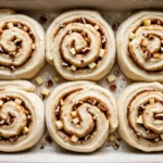 Freshly baked apple pecan cinnamon rolls topped with icing.