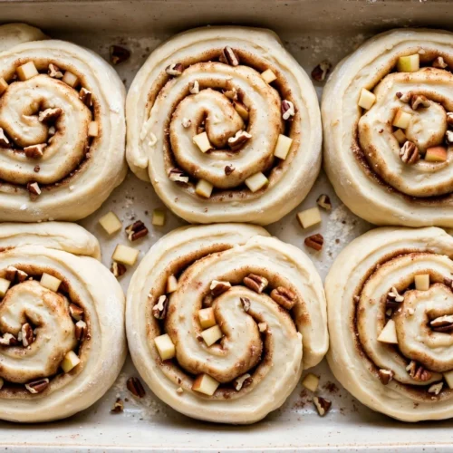 Freshly baked apple pecan cinnamon rolls topped with icing.