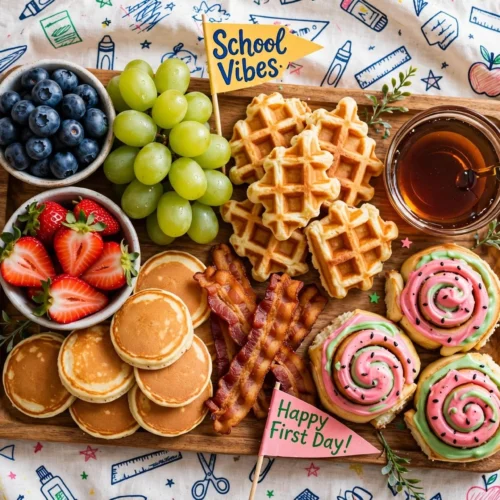 Colorful back to school breakfast board with fruits, cereals, and spreads.