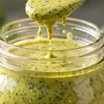 Homemade Balsamic Basil Vinaigrette dressing in a glass bottle