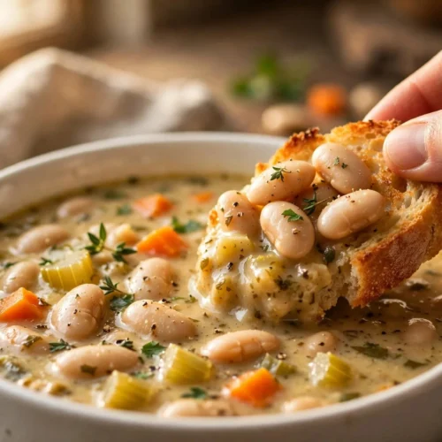 Delicious homemade Butter Bean Soup in a bowl with herbs and spices