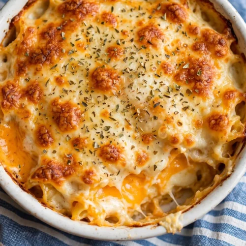 Cheesy baked tortellini casserole topped with melted cheese and herbs