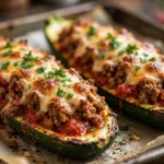 Delicious cheesy ground beef zucchini boats baked to perfection
