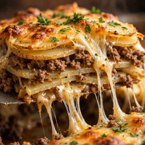 Cheesy hamburger potato casserole served in a baking dish.