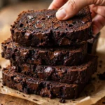 Delicious slice of chocolate pumpkin bread with chocolate chips and pumpkin seeds