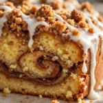Delicious Cinnabon Cinnamon Roll Cake with icing and cinnamon swirl