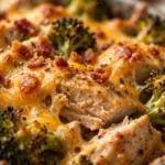 Creamy low carb casserole topped with cheese and herbs in a baking dish