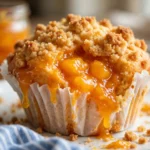Delicious peach cobbler muffins with fresh peaches and a crumbly topping