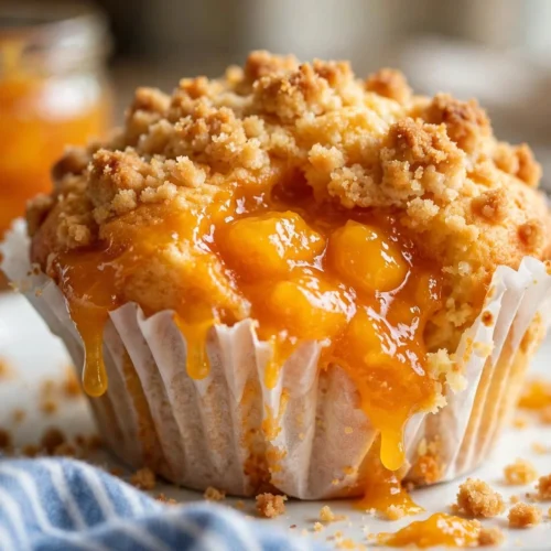 Delicious peach cobbler muffins with fresh peaches and a crumbly topping