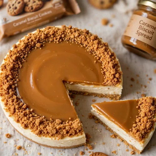 Delicious easy Biscoff cheesecake topped with cookie crumbles