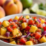 Fresh homemade peach salsa with diced peaches and vegetables