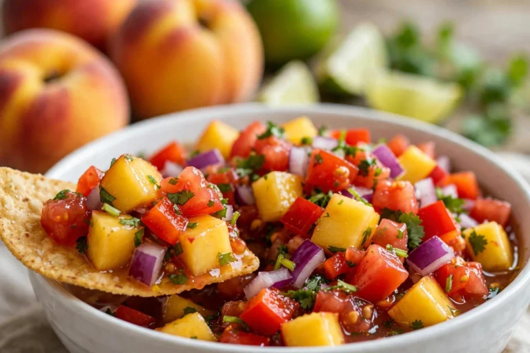 Fresh homemade peach salsa with diced peaches and vegetables