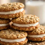Homemade easy oatmeal cream pie cookies with creamy filling and oatmeal base.