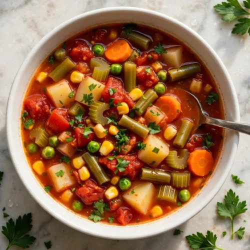 Bowl of easy vegetable soup filled with fresh vegetables and herbs