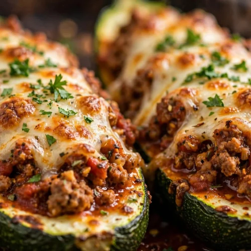 Delicious ground beef zucchini boats baked with cheese and herbs