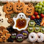 Colorful Halloween breakfast board decorated with spooky treats for kids